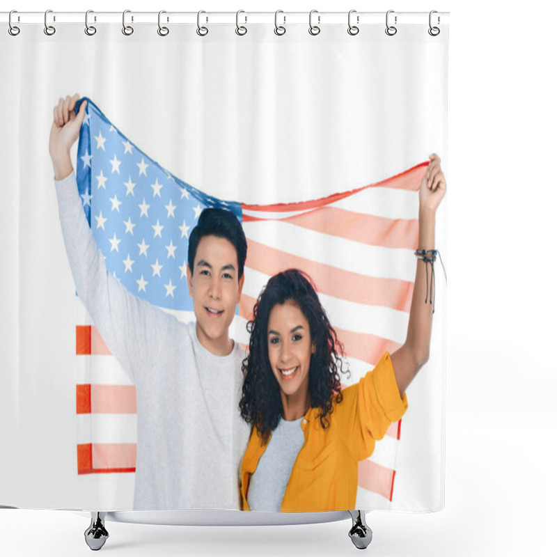 Personality  Teenage Students With American Flag Behind Back Isolated On White Shower Curtains