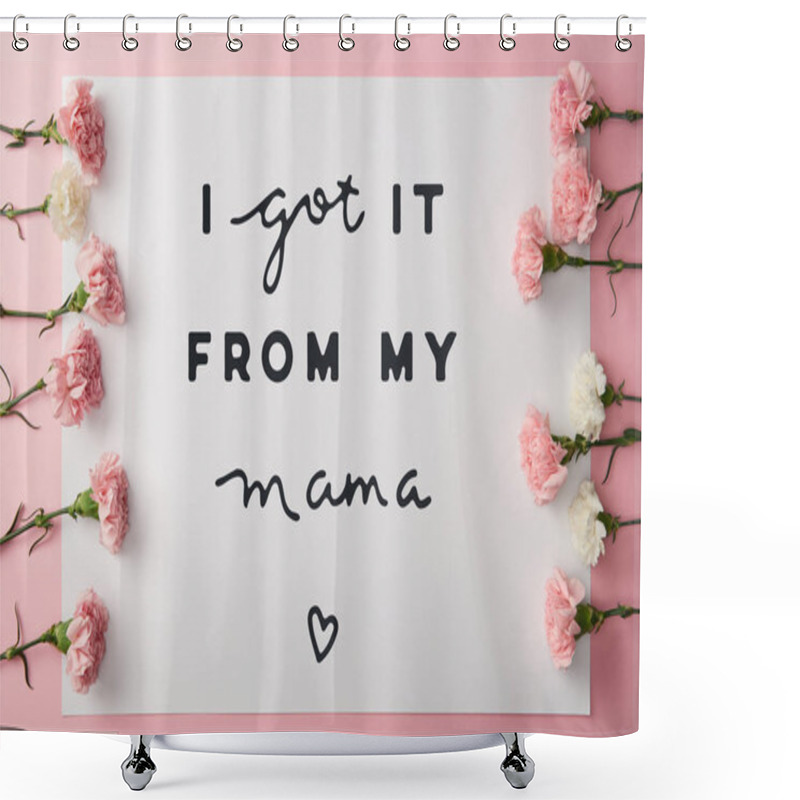 Personality  Top View Of Beautiful Pink And White Carnation Flowers And Greeting Card With I Got It From My Mama Lettering On Pink Background Shower Curtains