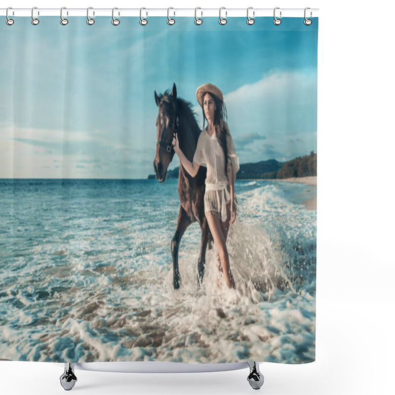 Personality  Sensual Brunette Woman Walking With A Majestic Horse Shower Curtains