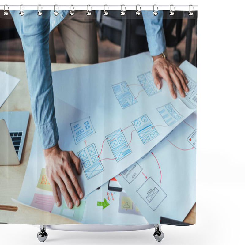 Personality  Cropped View Of UI Designer With Wove Papers At Table  Shower Curtains