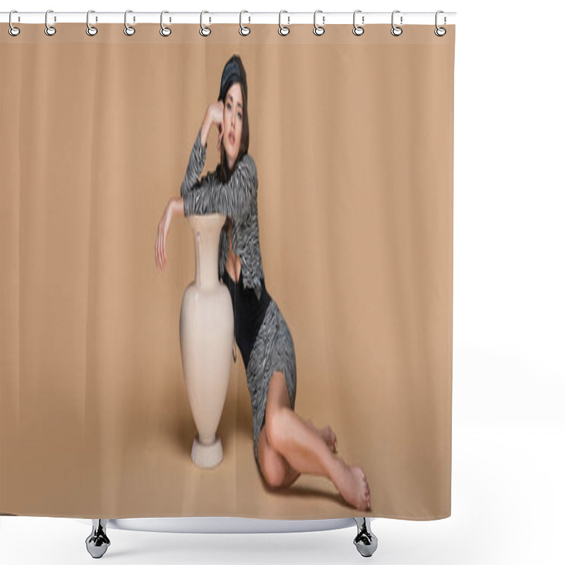 Personality  Barefoot Woman In Zebra Print Outfit And Black Beret Posing Near Clay Vase On Beige, Banner Shower Curtains