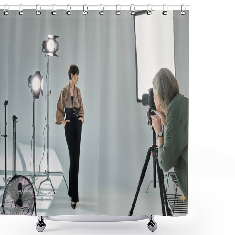 Personality  Middle-aged Lesbian Couple In A Vibrant Studio Setting - One Photographer With Camera, The Other Posing As A Model. Shower Curtains