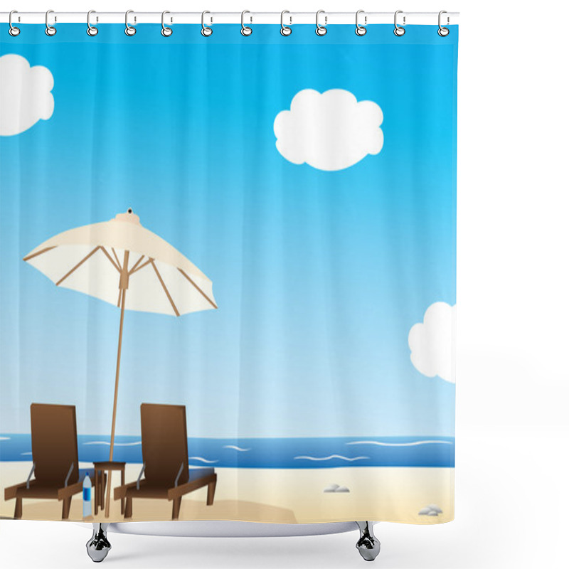 Personality  Vector Illustration Of Sun Loungers Under Parasol Or Umbrella On Sandy Beach With Blue Sky And Cloudscape Background. Shower Curtains