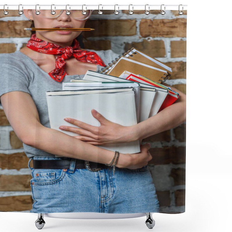 Personality  Cropped Shot Of Casual Woman In Glasses Holding Books Shower Curtains