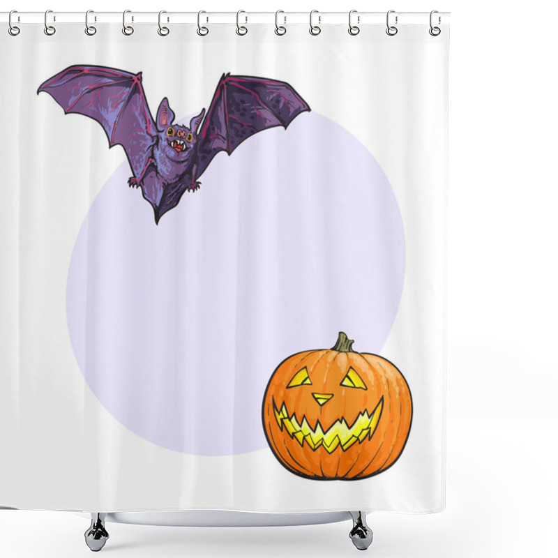 Personality  Halloween Symbols - Pumpkin, Jack O Lantern And Flying Vampire Bat Shower Curtains