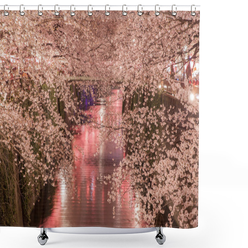 Personality  Light Up Of Sakura Cherry Blossom Over Water Channel At Nakameguro, Tokyo Shower Curtains