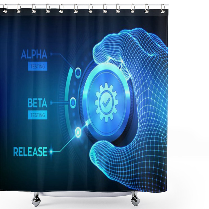 Personality  Software Testing Engineering Concept. Alpha Beta Release Testing. Wireframe Hand Turning A Test Process Knob And Selecting Release Product Mode. Software Or App Development Phases Vector Illustration Shower Curtains