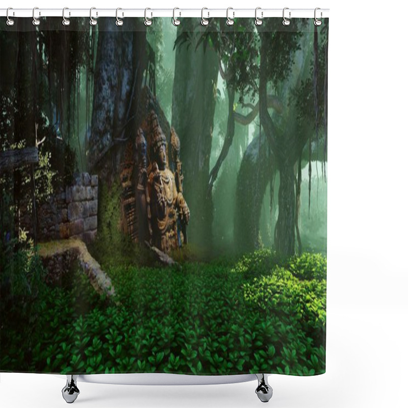 Personality  Tropical Forest And A Large Stone Statue Of A God. Shower Curtains