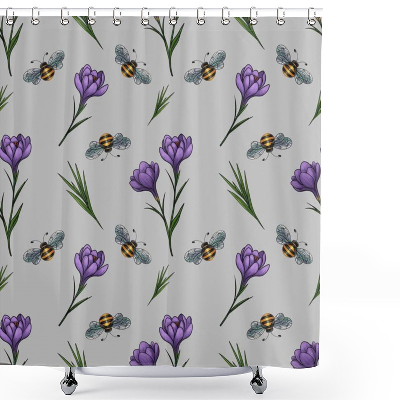 Personality  Seamless Pattern Of Spring Purple Crocuses With Leaves And Bees In Small Design On Gray Background For Decorative Applications Shower Curtains