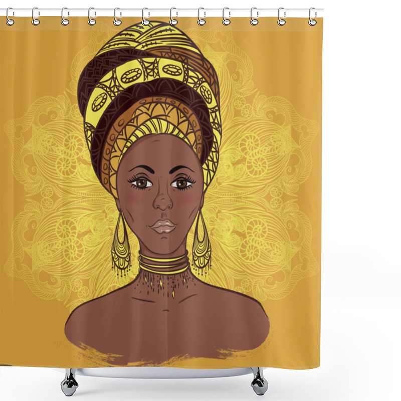 Personality  Beautiful African Woman In Turban Over Ornate Mandala Round Pattern. Hand Drawn Vector Illustration. Design, Card, Print, Poster, Postcard Shower Curtains