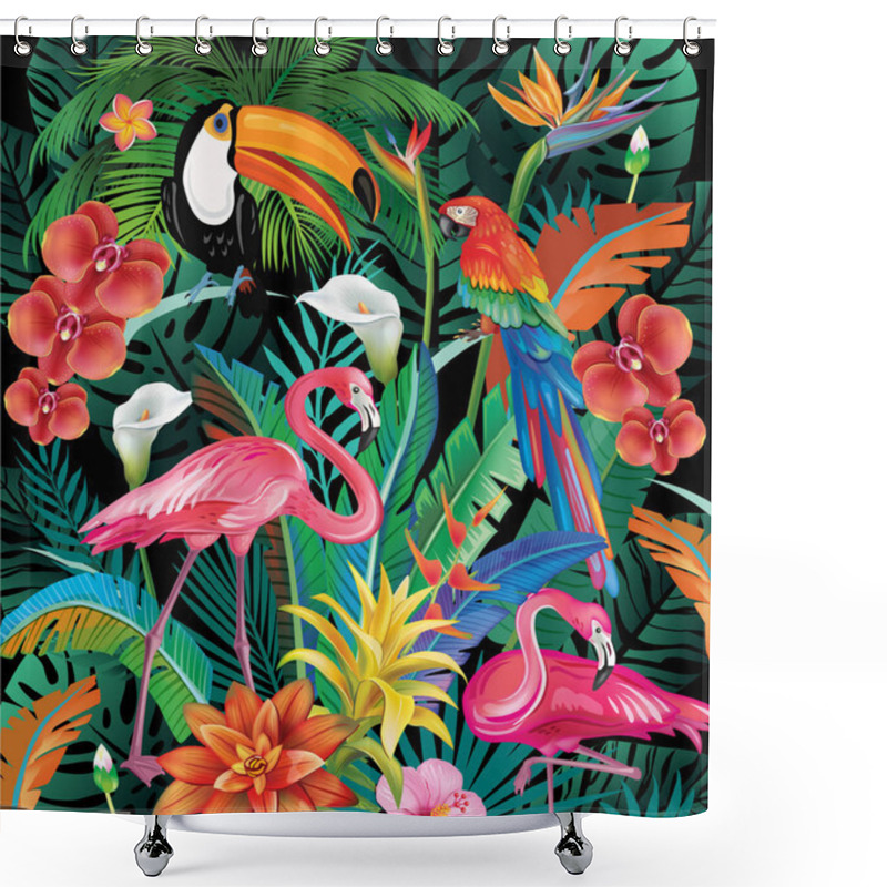 Personality  Composition Of Tropical Flowers Leaves And Birds Shower Curtains