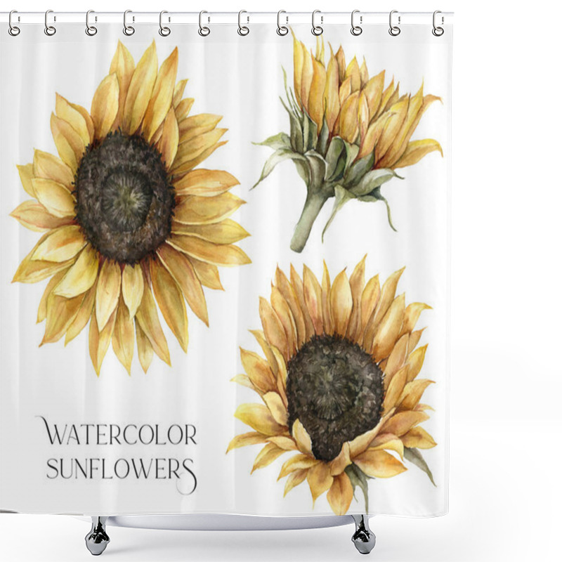 Personality  Watercolor Autumn Set With Sunflowers And Leaves. Hand Painted Rustic Card Isolated On White Background. Floral Illustration For Design, Print, Fabric Or Background. Shower Curtains