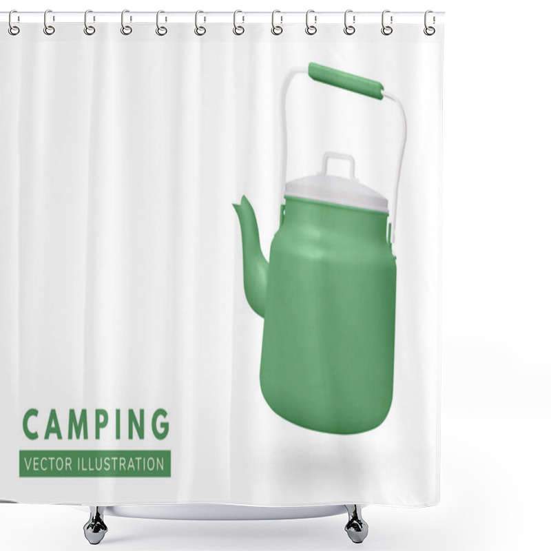 Personality  Green Camping Kettle Water Boiler Isolated On White Background. Vector Illustration. 3D Camping Pot Kettle For Outdoor Enthusiasts, Hikers, And Survivalists. Shower Curtains