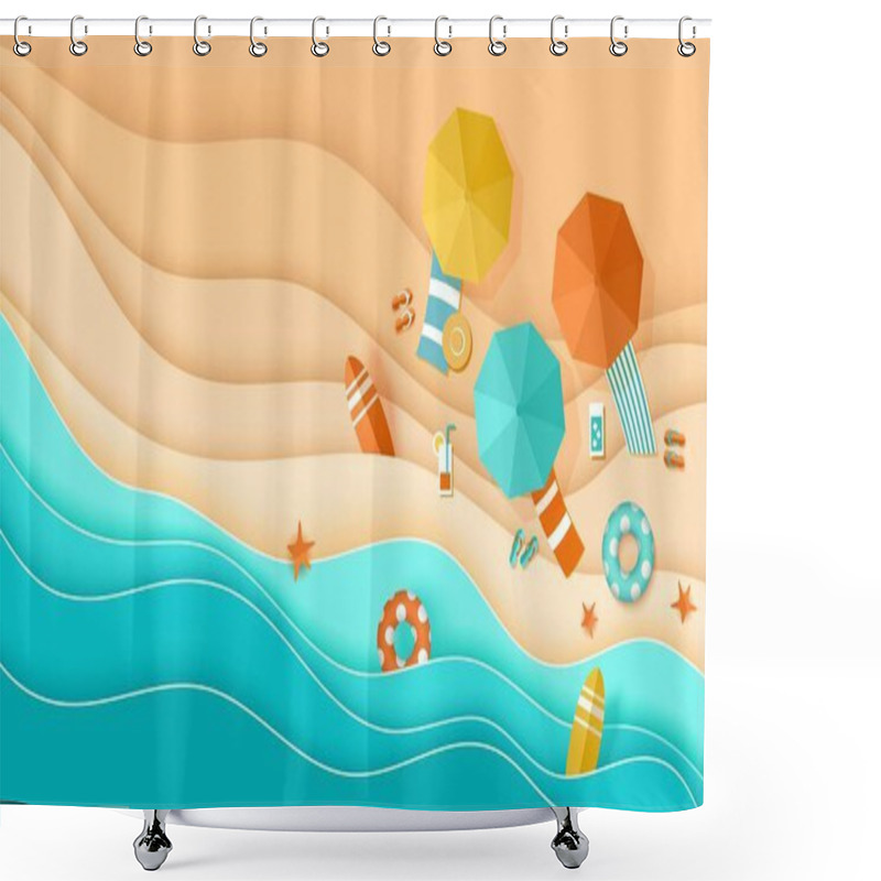 Personality  Beach Top View Background With Sea Waves, Sand, Umbrella, Deck Chair, Surfboard, Starfish, Ball, Cocktail, Beach Sandals, Lifebuoy Papercut, Place For Text, Paper Craft Aerial View Vector Shower Curtains