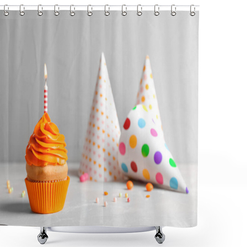 Personality  Delicious Birthday Cupcake With Burning Candle On Table Shower Curtains