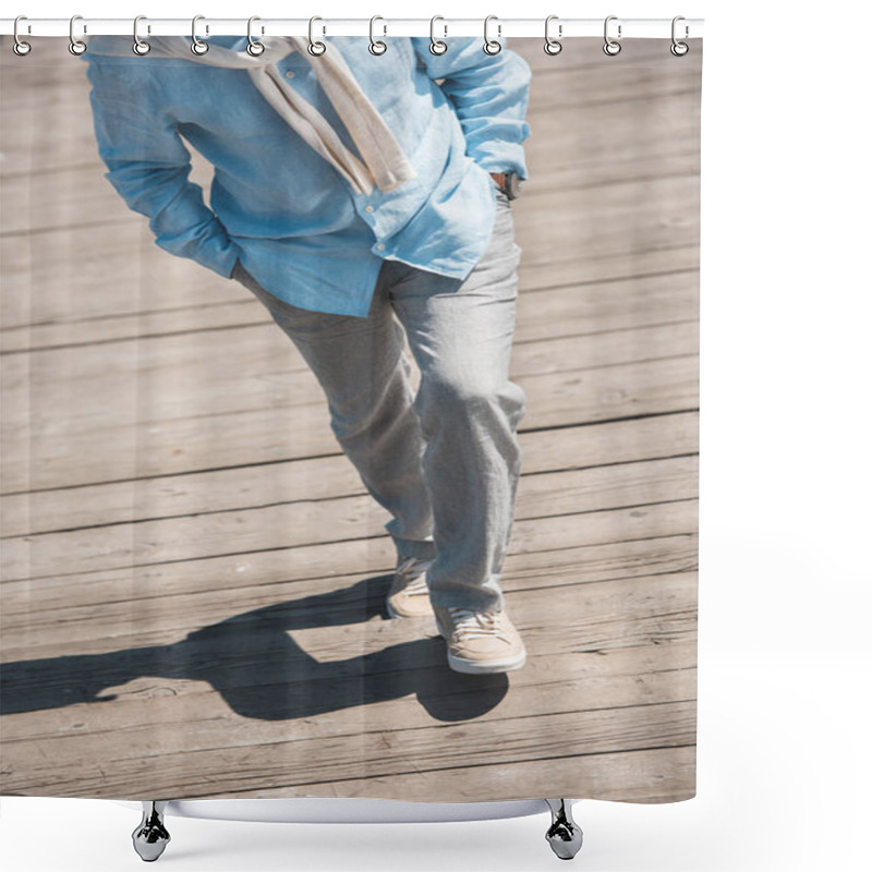 Personality  Casual Man Walking By Wooden Pavement Shower Curtains