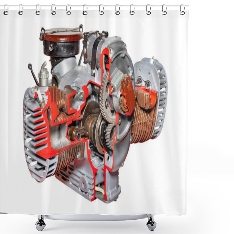 Personality  A Beautifully Detailed Cross-section Of A Two-stroke Engine Reveals Its Inner Workings And Mechanical Precision. The Metallic Components Shine, Showcasing Gears, Cylinders, And The Exhaust System. Shower Curtains