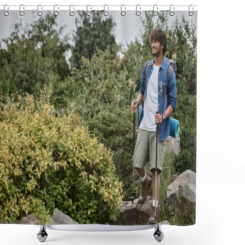 Personality  Happy Indian Man Walking With Backpack And Holding Hiking Sticks During Trekking, Wild Nature Shower Curtains