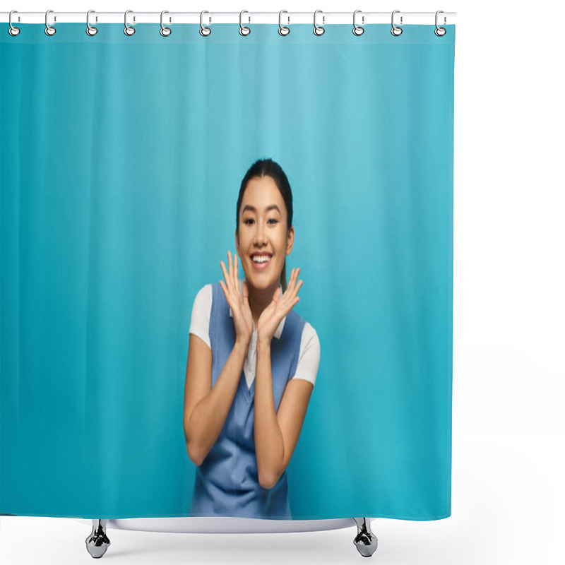 Personality  A Young Asian Woman Wearing Smart Casual Attire Smiles Brightly Against A Vibrant Blue Backdrop. Shower Curtains