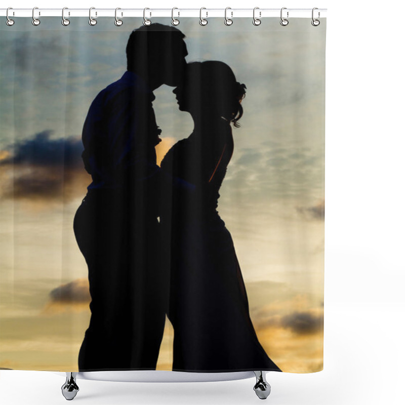 Personality  Silhouettes Of Bride And Groom Kissing At  Sunset. Shower Curtains