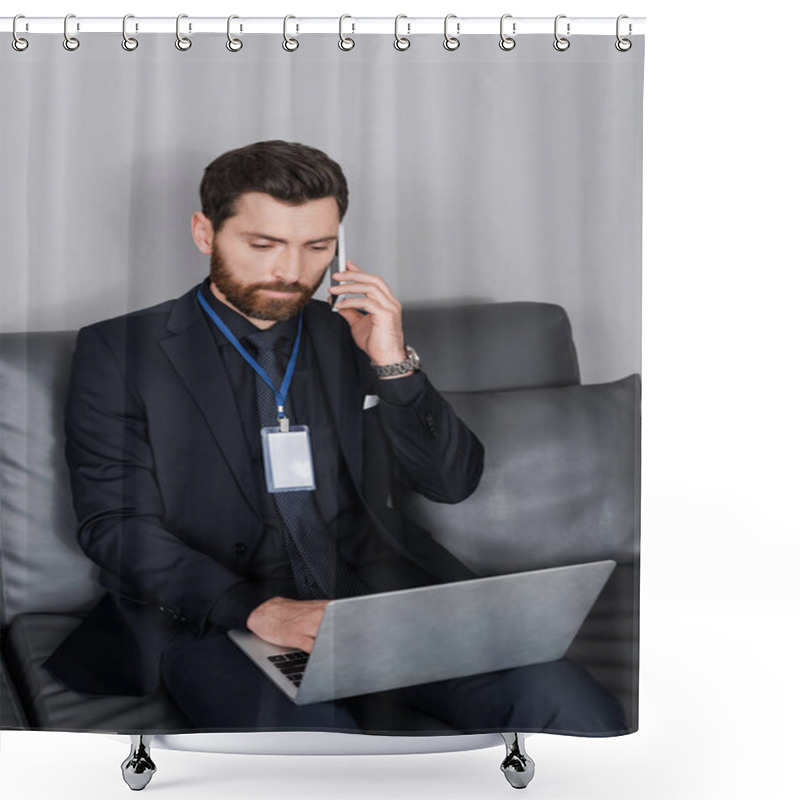 Personality  Bearded Businessman With Id Badge Talking On Smartphone And Using Laptop In Hotel Room Shower Curtains