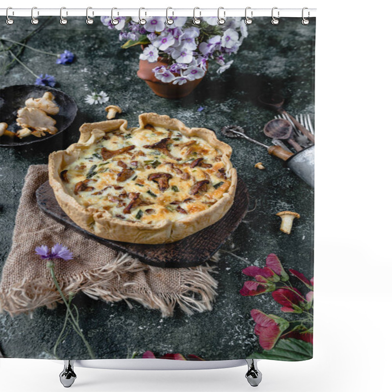 Personality  Appetizing Quiche With Mushrooms And Potted Flowers On Wooden Table Shower Curtains