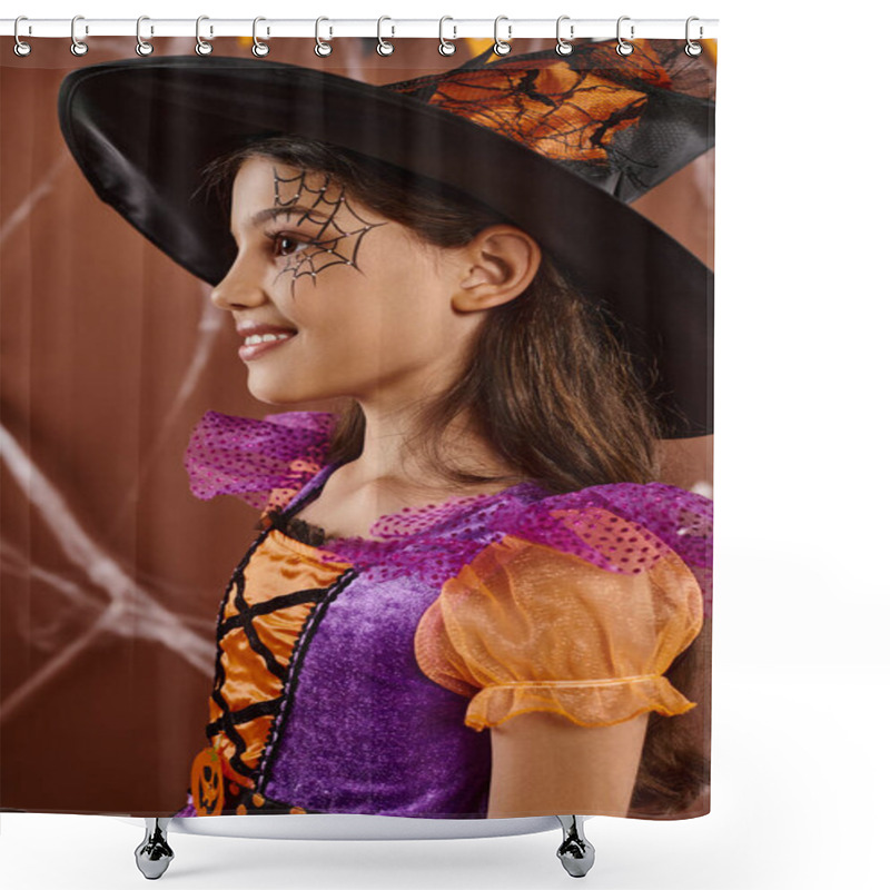 Personality  Cute Little Girl In Halloween Witch Costume And Pointed Hat Smiling On Brown Backdrop, Side View Shower Curtains