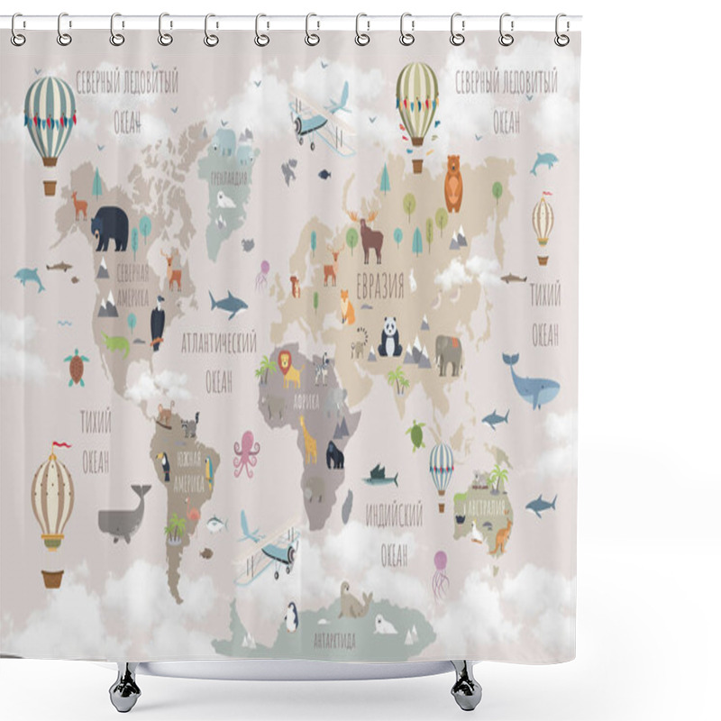 Personality  Children's Wallpaper. A Drawn Map Of The World. World Map For Children. Children's World Map In Russian. Map Of The World With Animals. A Magical Map Of The World With Clouds. Shower Curtains