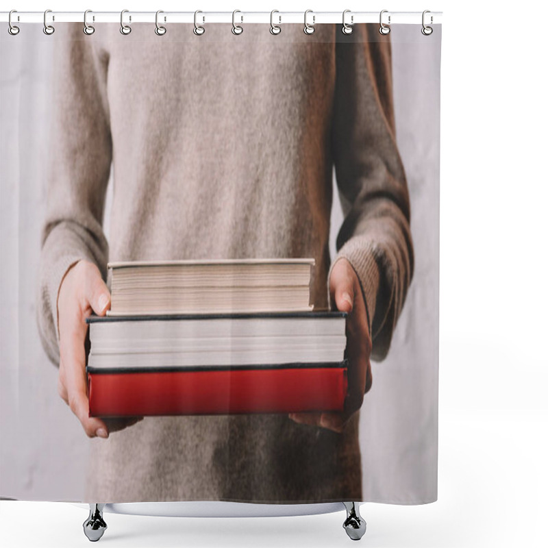 Personality  Mid Section Of Young Woman Holding Books Shower Curtains