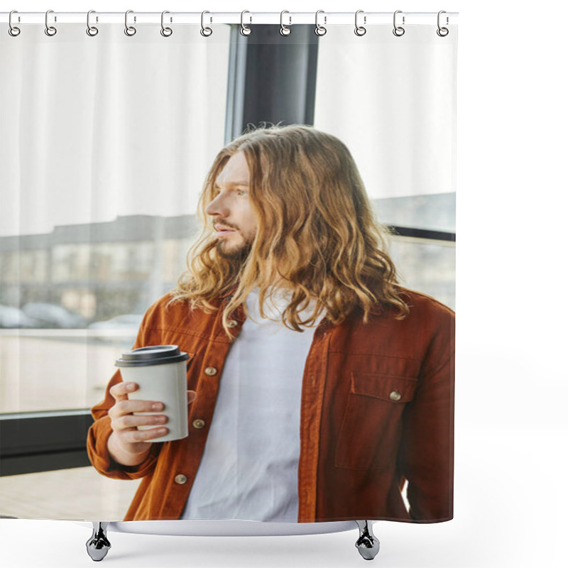 Personality  Dreamy, Long Haired And Bearded Entrepreneur In Casual Clothes Holding Paper Cup With Coffee, Standing Near Window And Looking Away, Cool Hipster Style Man In Modern Office Shower Curtains