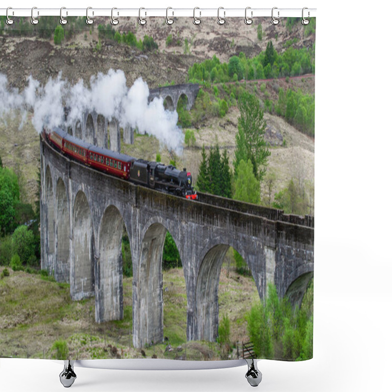 Personality  Glenfinnan Viaduct, Scotland. Travel/tourist Destination In Europe. Old Historical Steam Train Riding On Film Scene Famous Viaduct Bridge. Highlands, Mountains, Outdoor Background. Shower Curtains