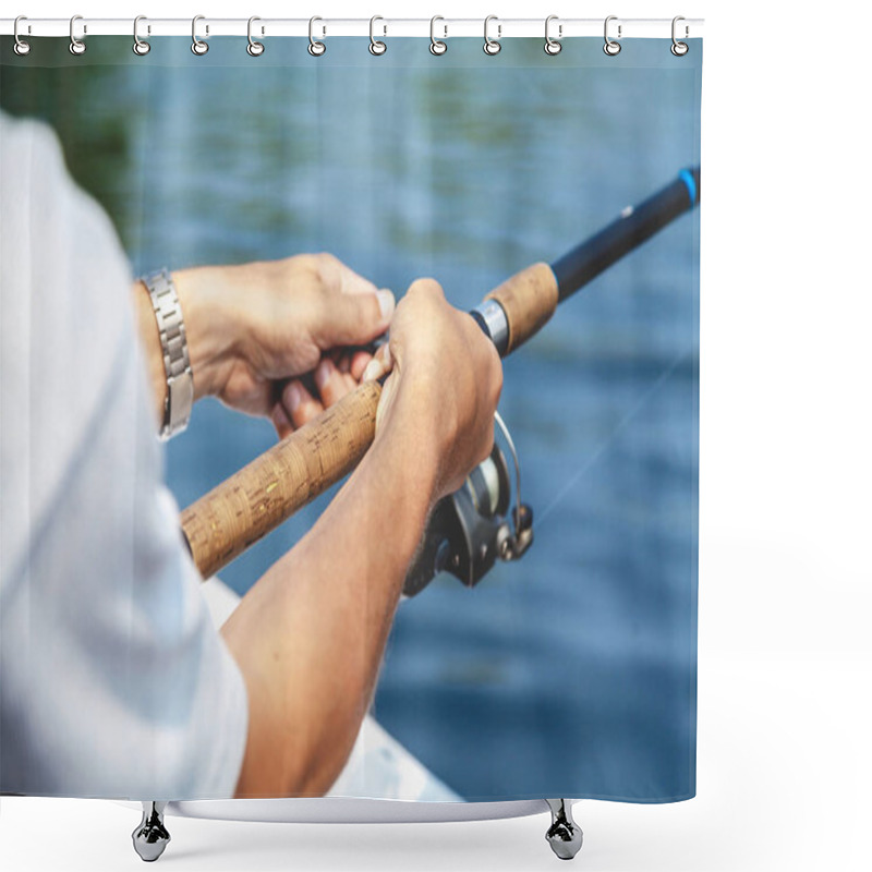 Personality  Hands Fisherman Holding Fishing Rod And Reel Handle Is Rotated Shower Curtains