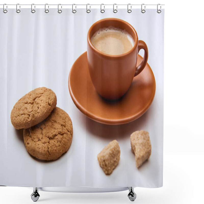 Personality  Tasty Coffee With Foam In Cup On Saucer Near Brown Sugar And Sweet Cookies On White Background Shower Curtains