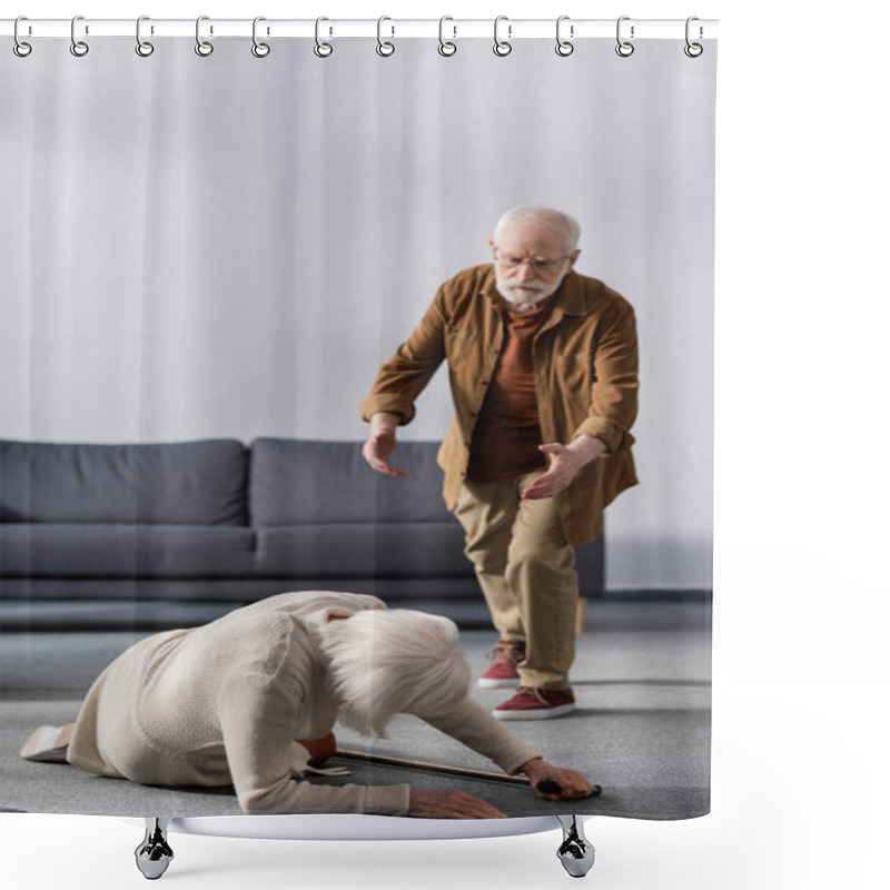 Personality  Senior Man Hurrying To Help Wife Lying On Floor Near Walking Stick Shower Curtains