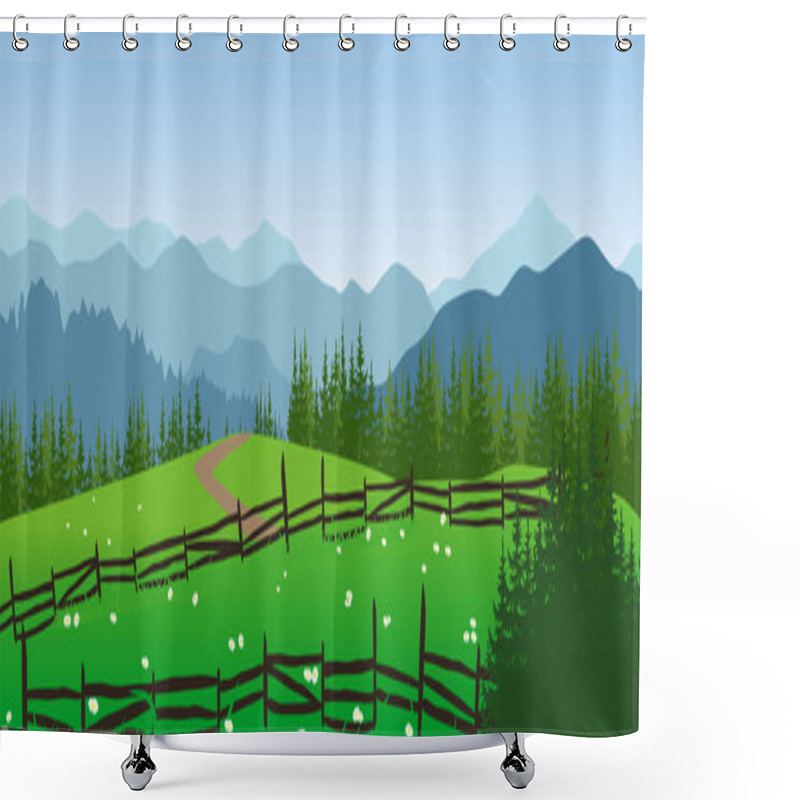 Personality  Mountains Landscape With Meadow And Trees. Shower Curtains