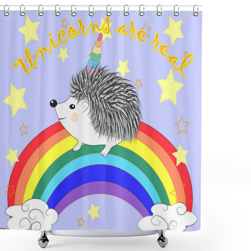 Personality  A Cute Cartoon Hedgehog With A Unicorn Horn On A Rainbow. Concept Everyone Can Be A Unicorn Shower Curtains