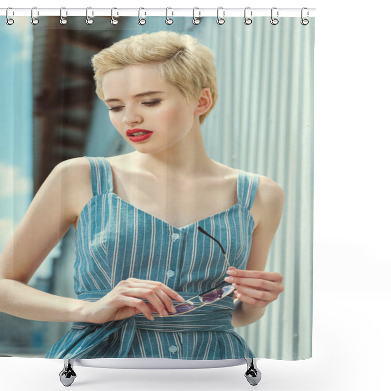 Personality  Attractive Girl With Short Hair Posing In Trendy Blue Dress Shower Curtains