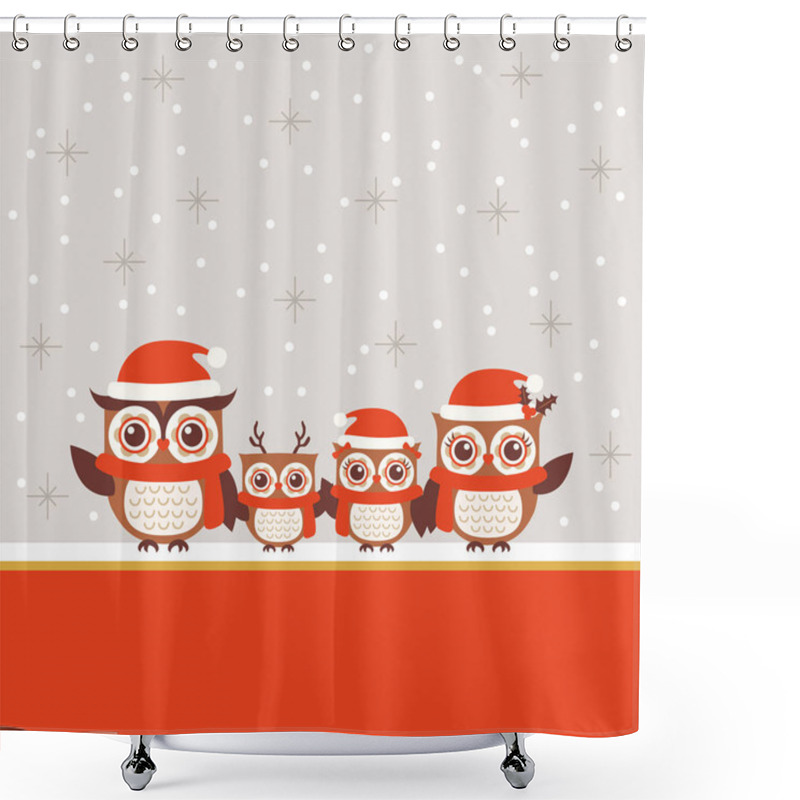 Personality  Happy Family Of Owls With Warm Hat And Scarf. Red Christmas Greeting Card Vector. Shower Curtains