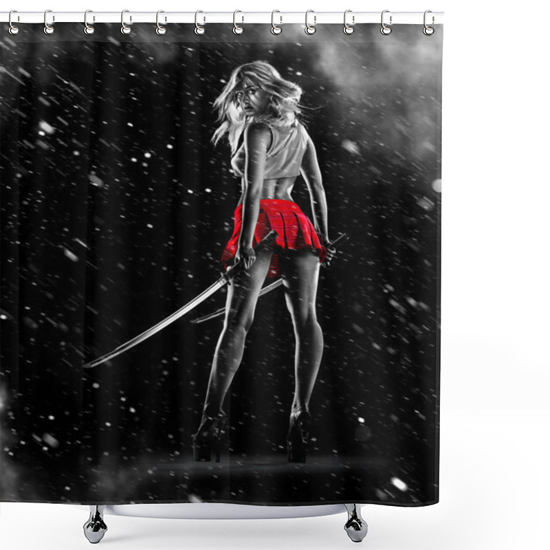 Personality  Young Sexy Girl Is Standing With The Swords Shower Curtains