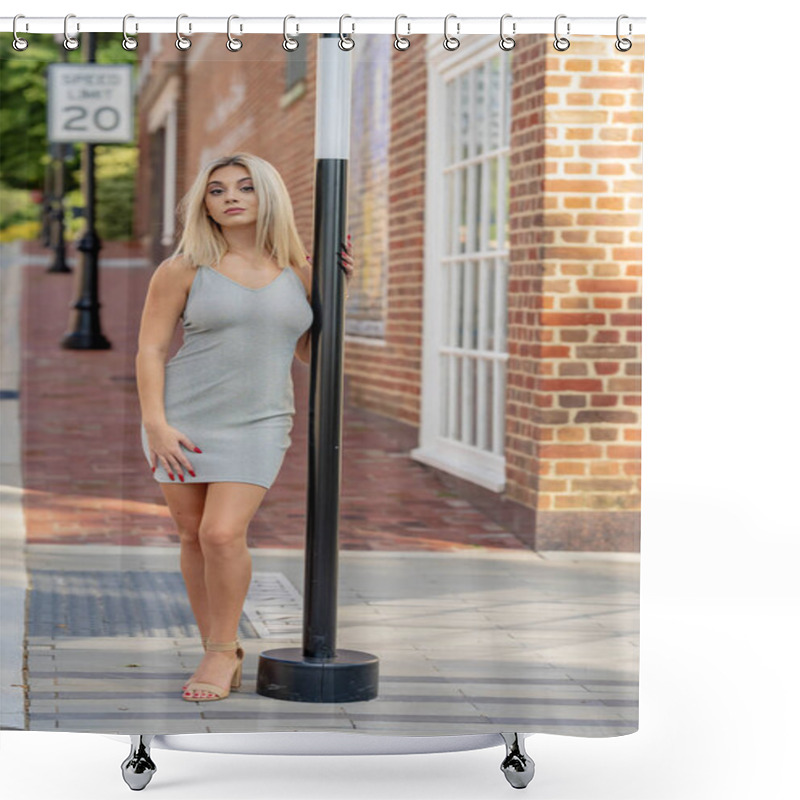 Personality  A Beautiful Young Woman Strolls Through Her Quaint Small Town, Basking In The Warmth Of Spring. Surrounded By Blooming Flowers And Fresh Air, She Radiates Joy, Enjoying The Peaceful Solitude. Shower Curtains