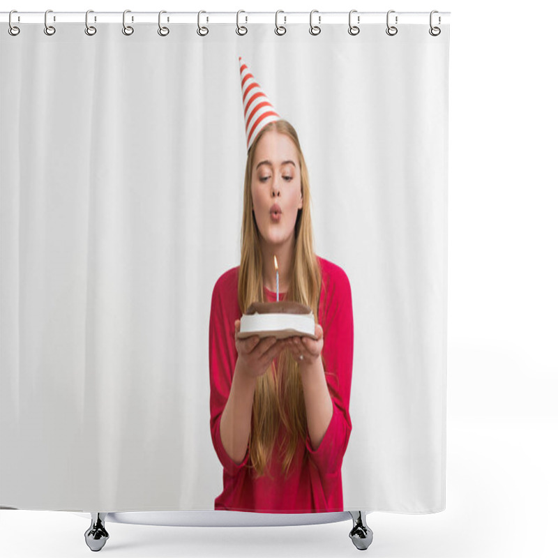 Personality  Pretty Girl In Party Cap Blowing Out Candle On Birthday Cake Isolated On White  Shower Curtains