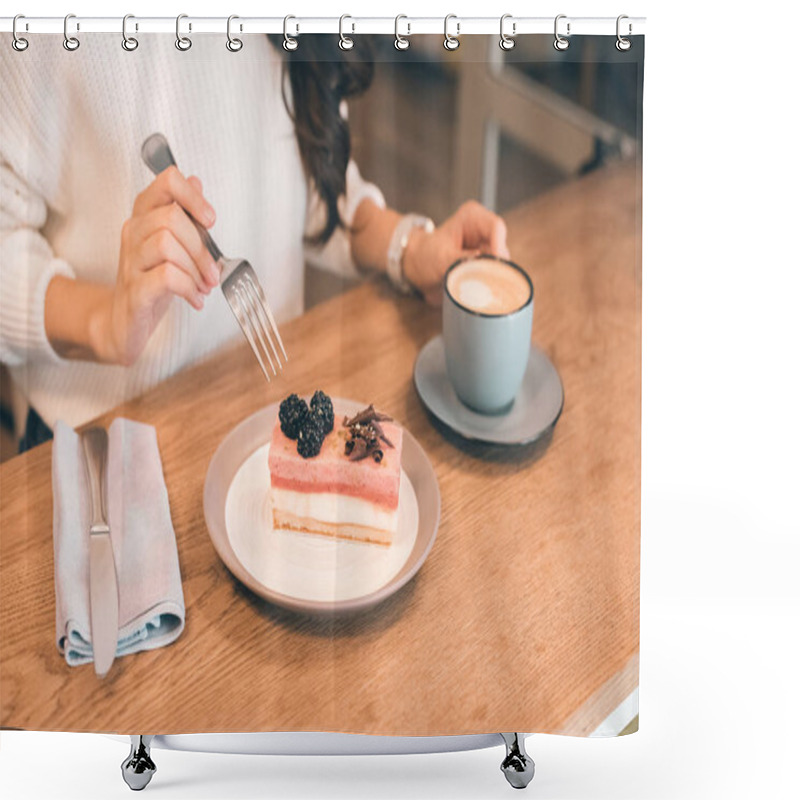 Personality  Cropped Image Of Young Woman With Coffee Cup Eating Cheesecake At Table In Cafe Shower Curtains