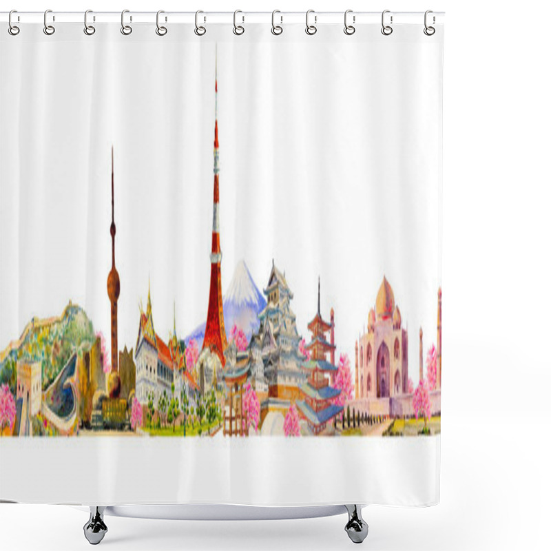 Personality  Travel Around The World And Sights. Famous Landmarks Of The World Grouped Together. Watercolor Hand Drawn Painting Illustration, Landmark Of Asia On White Background, Popular Tourist Attraction. Shower Curtains