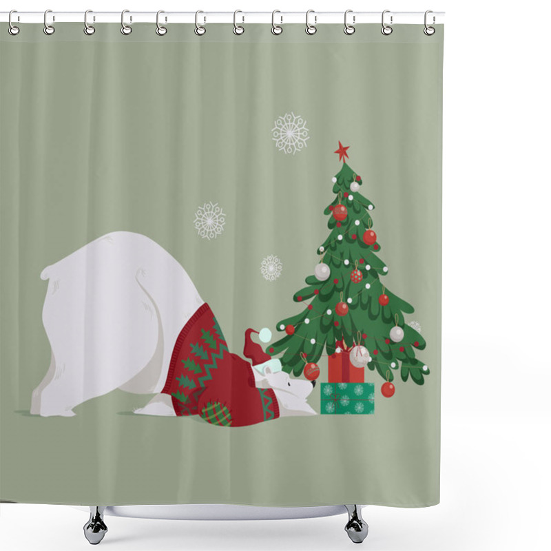 Personality  Christmas Polar Bear. Funny Cute White Bear With A Christmas Tree And Gifts. For Greeting Cards With Merry Christmas And New Year, Decor, Wrapping, And Packaging Design. Vector Illustration EPS 10. Shower Curtains