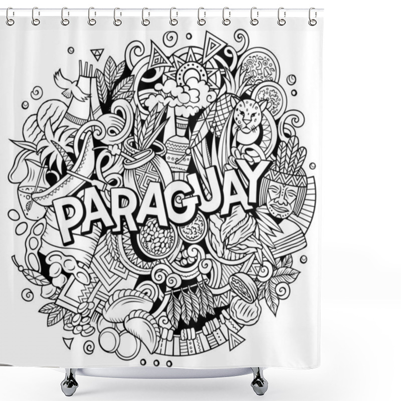 Personality  Paraguay Hand Drawn Cartoon Doodle Illustration. Funny Local Design. Creative Raster Background. Handwritten Text With Latin American Elements And Objects. Shower Curtains