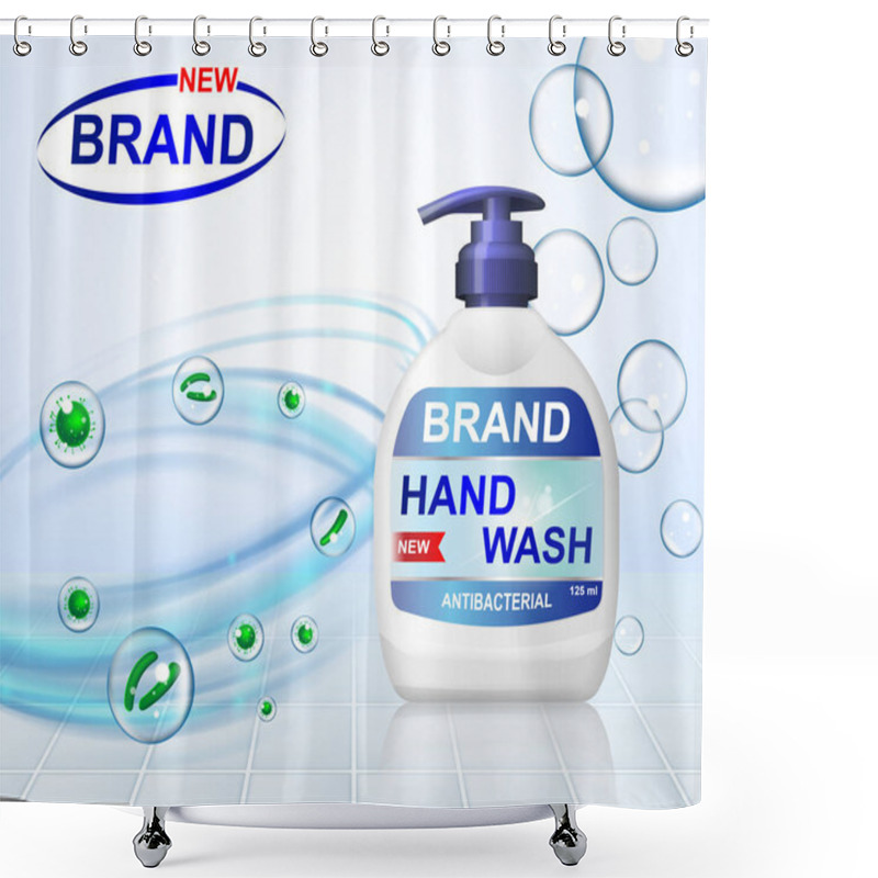 Personality  Antibacterial Hand Gel Wash Ads, Dispenser Bottle With Transparent Bubbles Isolated On Background. 3d Realistic Antiseptic Banner. Vector Illustration Shower Curtains