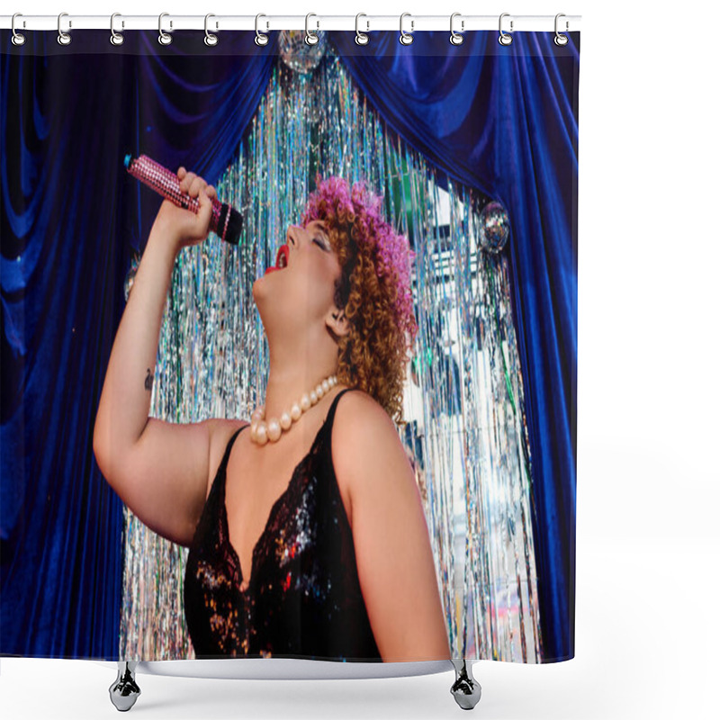 Personality  A Skilled Drag Queen Dazzles With Vibrant Makeup And Style In A Lively On-stage Performance. Shower Curtains