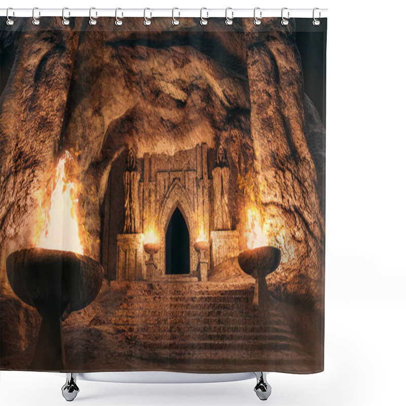 Personality  3d Render Environtment Illustration Of The Temple Entrance Cave With Monk Statues And Burning Torches. Shower Curtains