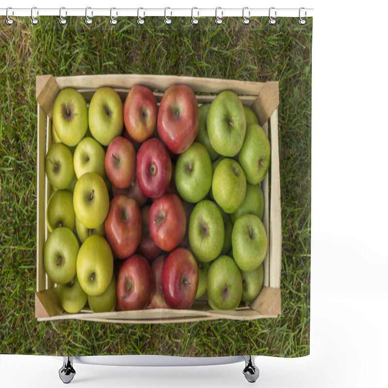 Personality  Wooden Crate With Fresh Apples On Grass: Golden Delicious, Gala, Granny Smith Shower Curtains