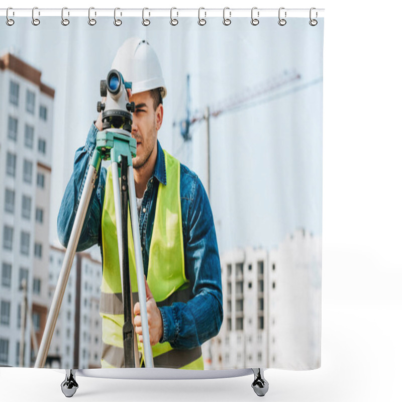 Personality  Surveyor Looking Throughout Digital Level On Construction Site  Shower Curtains